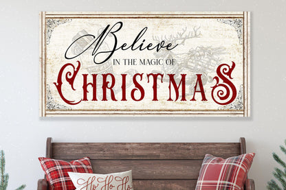 Vintage Christmas Sign BELIEVE IN the MAGIC Farmhouse Wall Decor Distressed Large Rustic Print