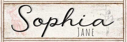 Nursery Name Sign Girl Baby Name Sign For Nursery Wall Art Girl Modern Farmhouse Wall Decor Custom Personalized Girl Name Sign Large Wall Art.  Black lettering with graphic of ballerina and ballet slippers over faux distressed wood My Painted Porch.