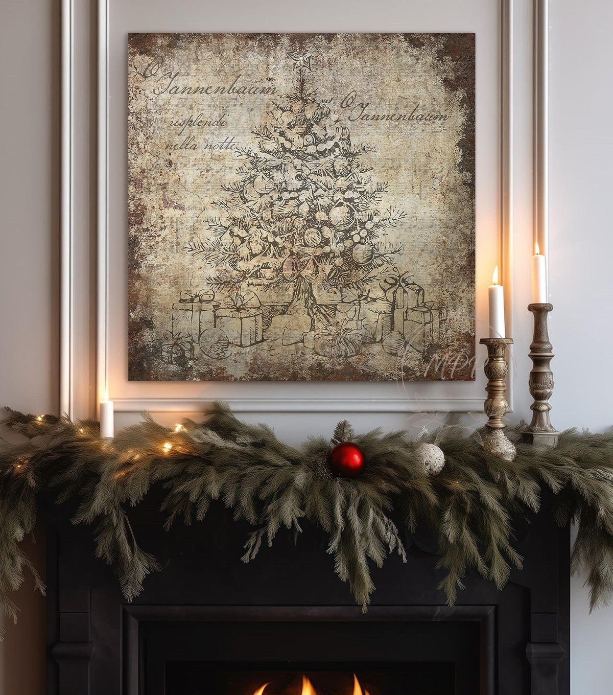Vintage Christmas Sign O TANNENBAUM Tree Wall Art Print Over The Mantel Large Rustic Holiday Decor