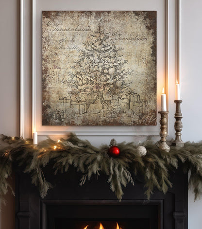 Vintage Christmas Sign O TANNENBAUM Tree Wall Art Print Over The Mantel Large Rustic Holiday Decor