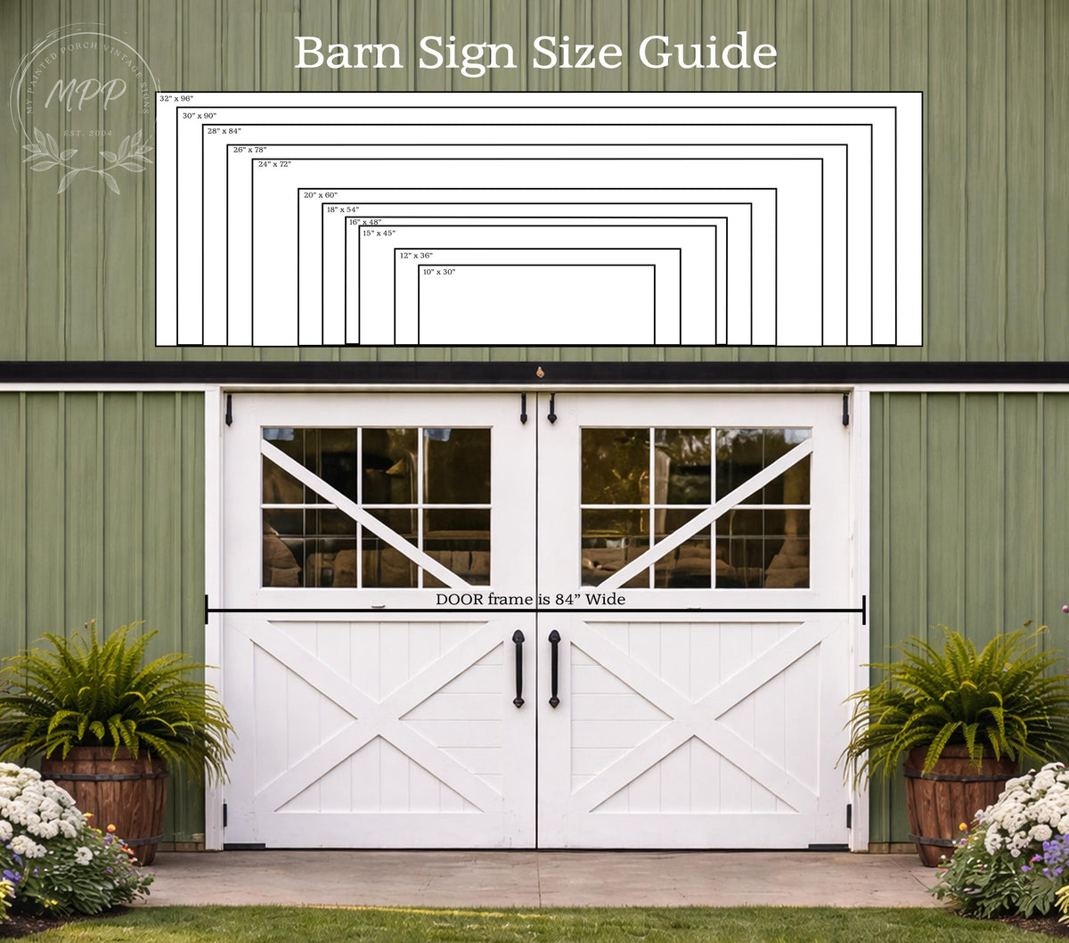 a white barn with a large barn sign above the double doors, providing a size guide for barn signs.