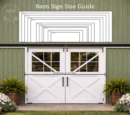 a white barn with a large barn sign above the double doors, providing a size guide for barn signs.