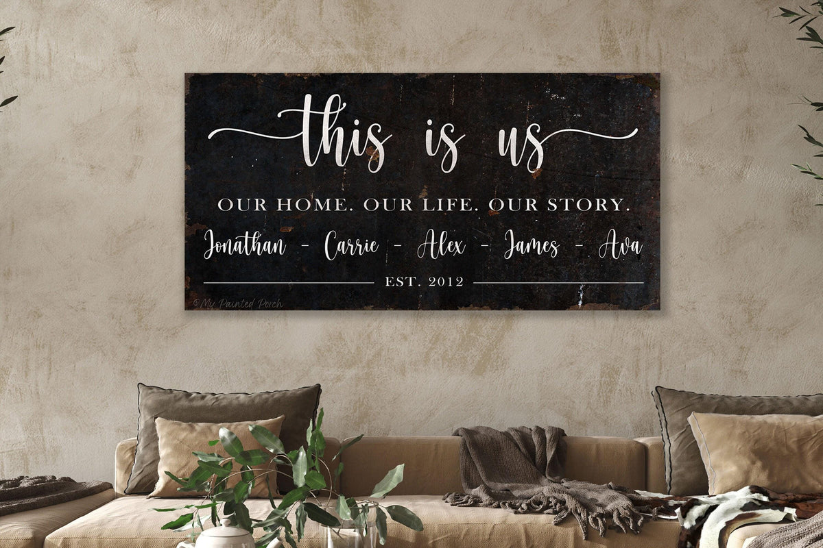 THIS IS Us Name Sign Vintage Personalized Custom Farmhouse Wall Art Print Rustic Large Canvas Decor