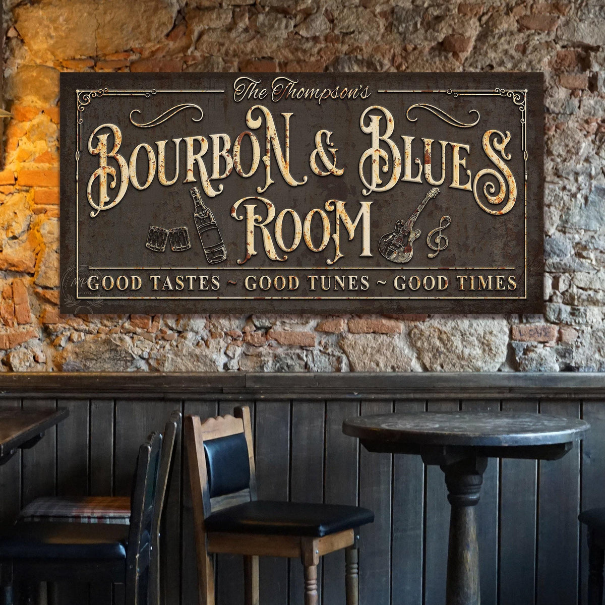 Family Name BOURBON & BLUES Sign Custom Large Rustic Vintage Basement Bar Lounge Man Cave Art Print