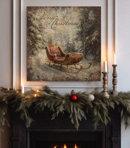 VINTAGE CHRISTMAS SLEIGH Sled Vintage Square Distressed Christmas Canvas Sign Modern Farmhouse Decor Large Canvas Rustic Wall Art Metal