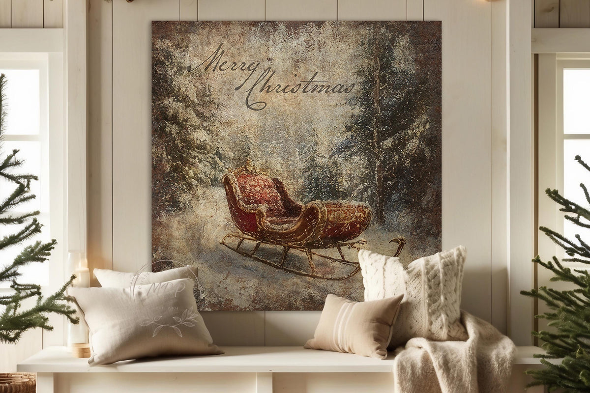 VINTAGE CHRISTMAS SLEIGH Sled Vintage Square Distressed Christmas Canvas Sign Modern Farmhouse Decor Large Canvas Rustic Wall Art Metal