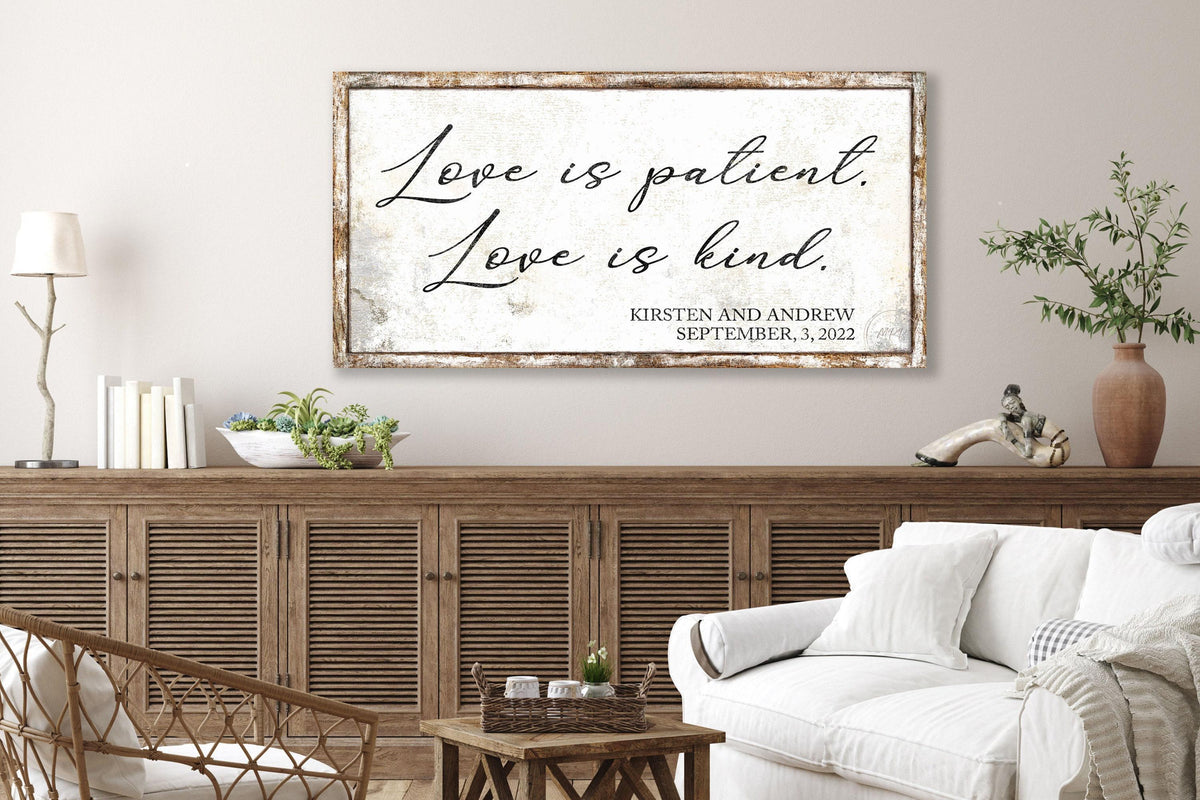 LOVE IS PATIENT Vintage Above The Bed Personalized Wedding Name Sign For Couple