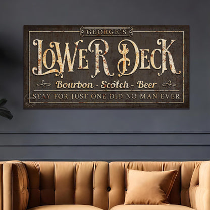 LOWER DECK Name Sign Vintage Basement Bar and Lounge Mancave Rustic Canvas Wall Art Print