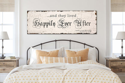 Wedding Couple HAPPILY EVER AFTER Personalized Sign Anniversary Custom Rustic Bedroom Wall Art