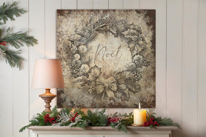 VINTAGE CHRISTMAS Sign Noel Wreath Square Distressed Canvas Farmhouse Decor Large Rustic Art Print