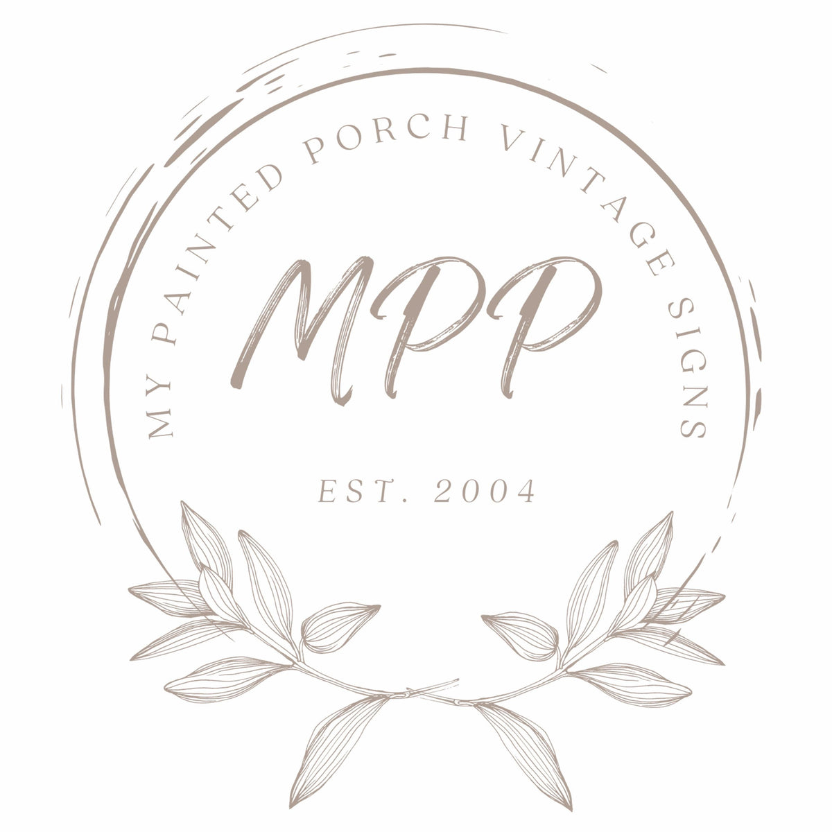 a logo for a company called "My Painted Porch Vintage Signs". The logo is circular and has a wreath design surrounding it. The company's name is prominently displayed in the center of the logo, and the year "2004" is also included. The logo does not contain any text that could be considered redundancy or vague wording.