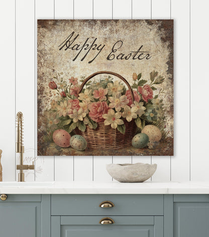 Vintage EASTER Basket Sign Square Rustic Over the Mantel Canvas Wall Art