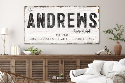 modern farmhouse, housewarming gift, 
modern minimalist, industrial wall art, 
cottagecore decor, Custom Homestead, 
Wall Decor, Home Decor, Last Name Sign,
Established Sign, Vintage Sign, Farmhouse Decor, family name sign, large canvas sign