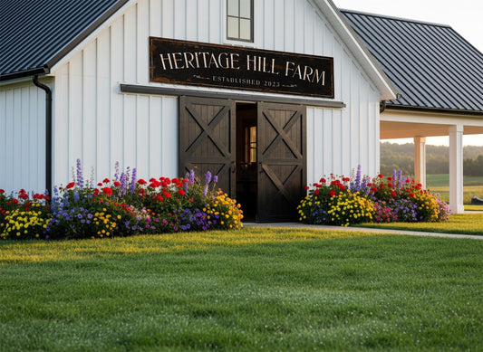 May include: Exterior view of a white barn with black doors and a black roof. A sign above the doors reads "HERITAGE HILL FARM ESTABLISHED 2023." Colorful flowers in red, yellow, and purple line the front of the barn. Green grass covers the foreground.