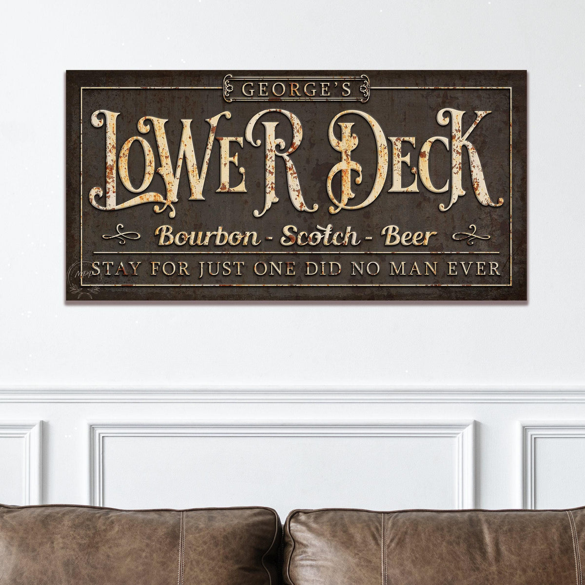 LOWER DECK Name Sign Vintage Basement Bar and Lounge Mancave Rustic Canvas Wall Art Print