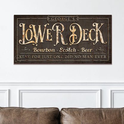 LOWER DECK Name Sign Vintage Basement Bar and Lounge Mancave Rustic Canvas Wall Art Print