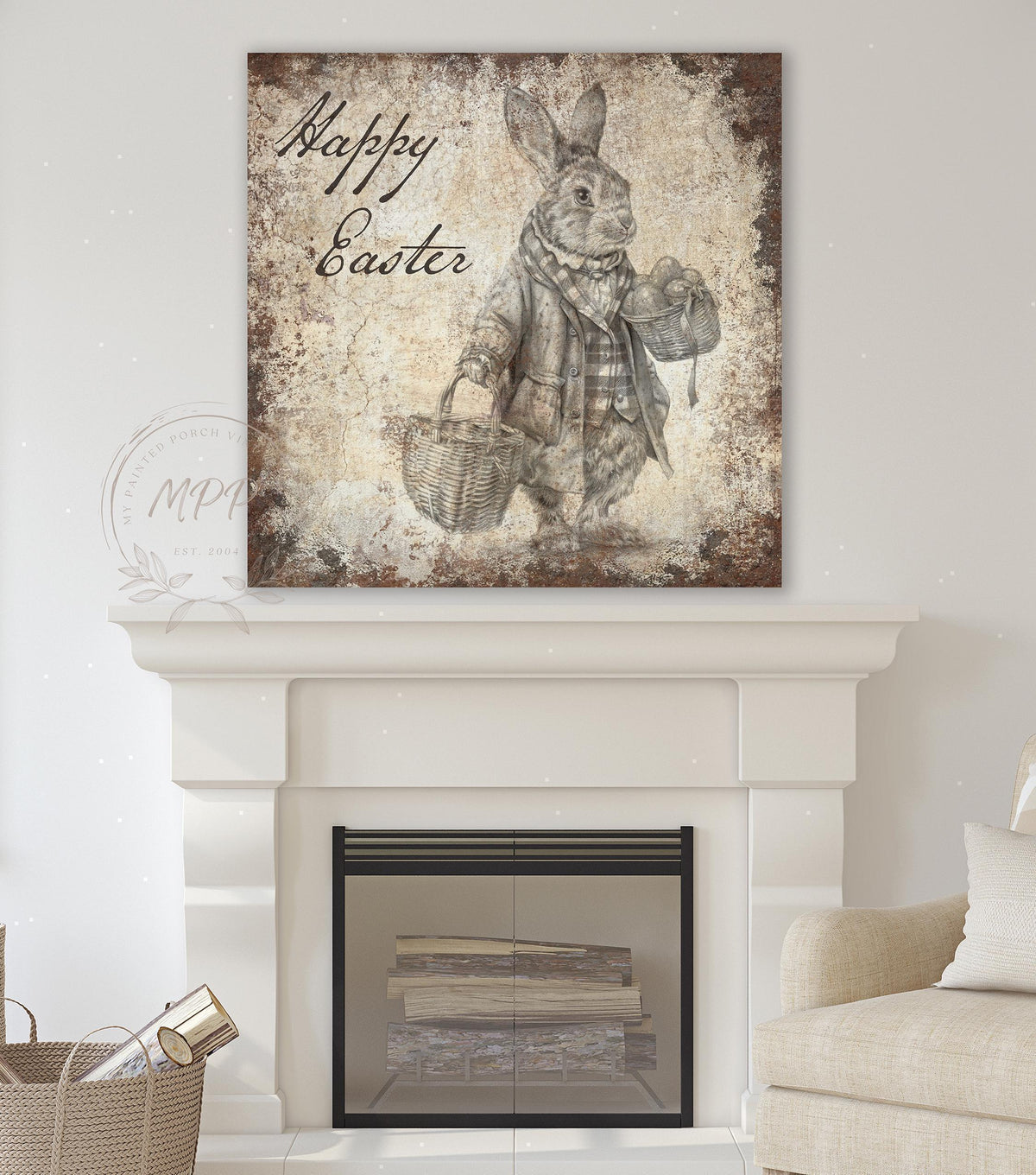 EASTER Bunny Sign Vintage Inspired Wall Art Print Large Rustic Square Canvas Modern Farmhouse