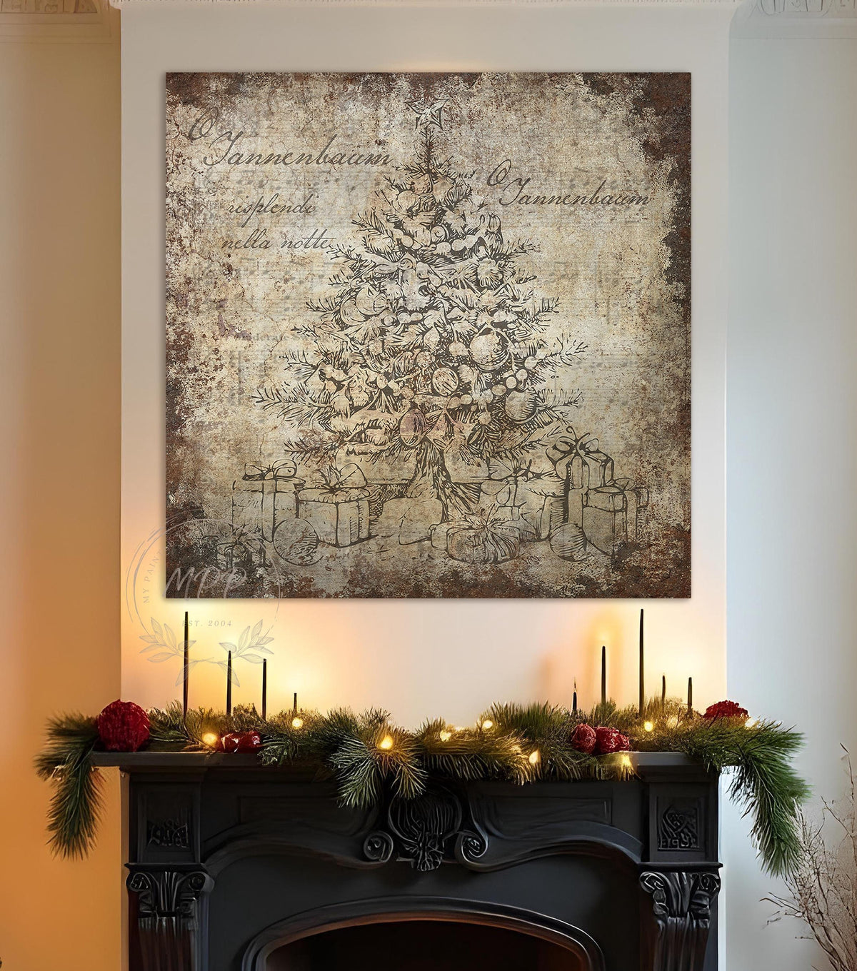 Vintage Christmas Sign O TANNENBAUM Tree Wall Art Print Over The Mantel Large Rustic Holiday Decor