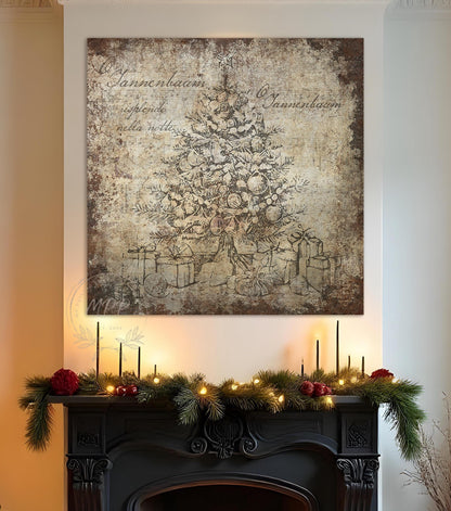 Vintage Christmas Sign O TANNENBAUM Tree Wall Art Print Over The Mantel Large Rustic Holiday Decor