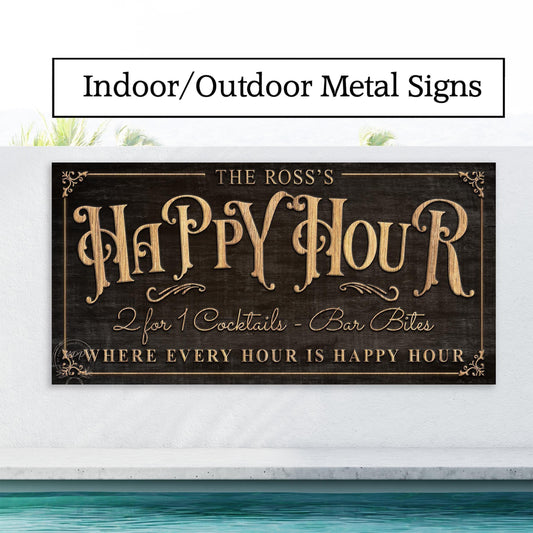 METAL Patio Happy Hour Custom Personalized Bar and Grill Outdoor Vintage Family Name Sign