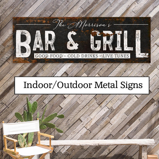 Bar & Grill Family Name Custom Outdoor Personalized Sign For Backyard Patio Deck Pool