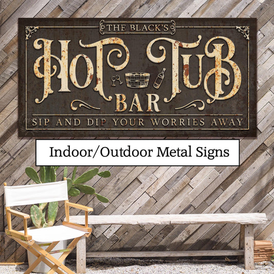 May include: Rustic metal sign with the text "The Black's Hot Tub Bar" and the tagline "Sip and Dip Your Worries Away". The sign has a distressed, rusty look and is perfect for a bar or home decor.