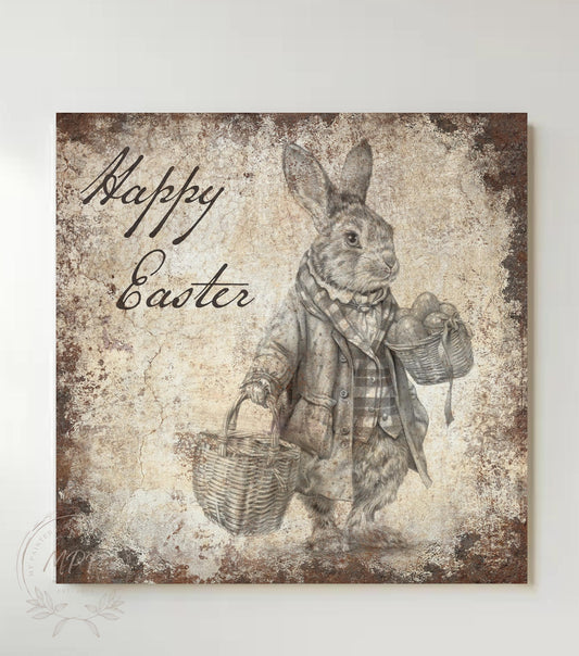 EASTER Bunny Sign Vintage Inspired Wall Art Print Large Rustic Square Canvas Modern Farmhouse Decor