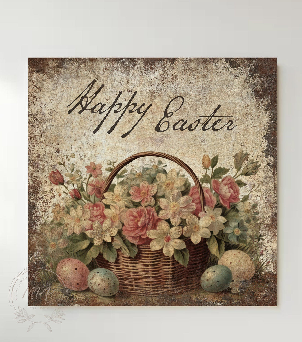 Vintage EASTER Basket Sign Square Rustic Over the Mantel Canvas Wall Art