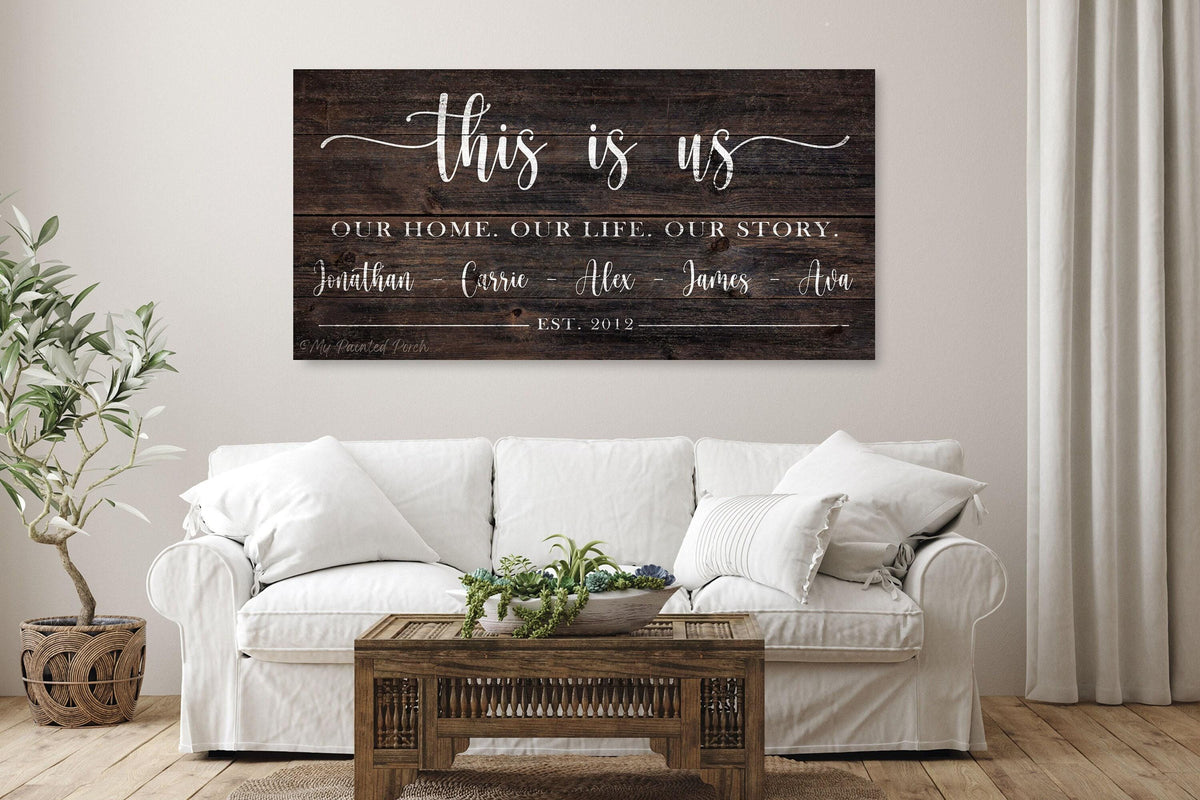 This Is Us Family Name Sign | Vintage Wood Look Canvas | Farmhouse Wall Art