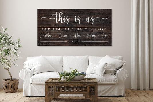 This Is Us Family Name Sign | Vintage Wood Look Canvas | Farmhouse Wall Art