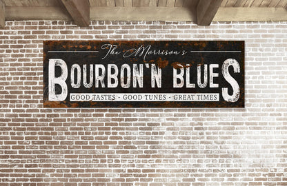Basement Bar Name Sign BOURBON AND BLUES Personalized Modern Farmhouse Large Rustick Wall Art