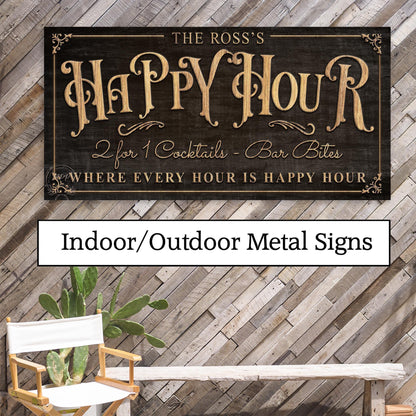 METAL Patio Happy Hour Custom Personalized Bar and Grill Outdoor Vintage Family Name Sign