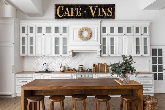 Coffee Wine Sign Cafe Vins French Country Decor Vintage BLACK Farmhouse Canvas Wall Art