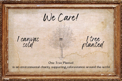 The image is a framed poster with a tree illustration and text. The text states "We Care! I canvas sold = I tree planted" and "One Tree Planted is an environmental charity supporting reforestation around the world."