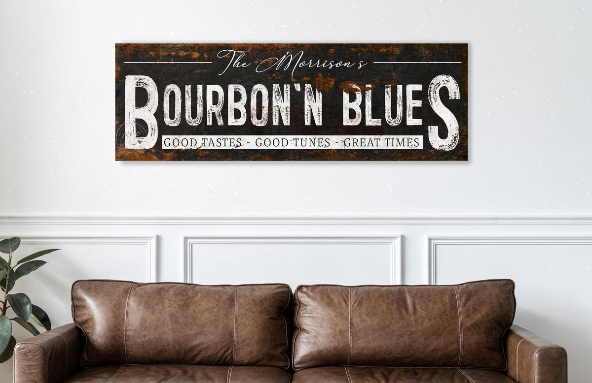 Basement Bar Name Sign BOURBON AND BLUES Personalized Modern Farmhouse Large Rustick Wall Art