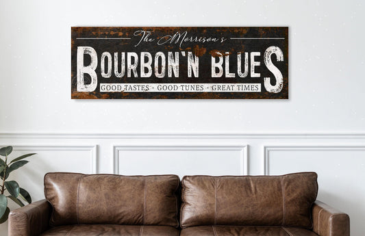 Basement Bar Name Sign BOURBON AND BLUES Personalized Modern Farmhouse Large Rustick Wall Art