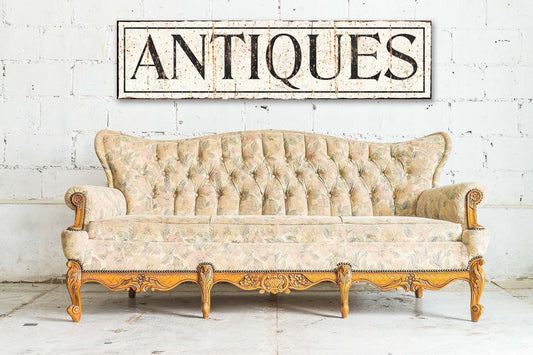Vintage Antiques Sign Farmhouse Wall Art Decor Large Rustic Canvas Hanging Print Business Or Home