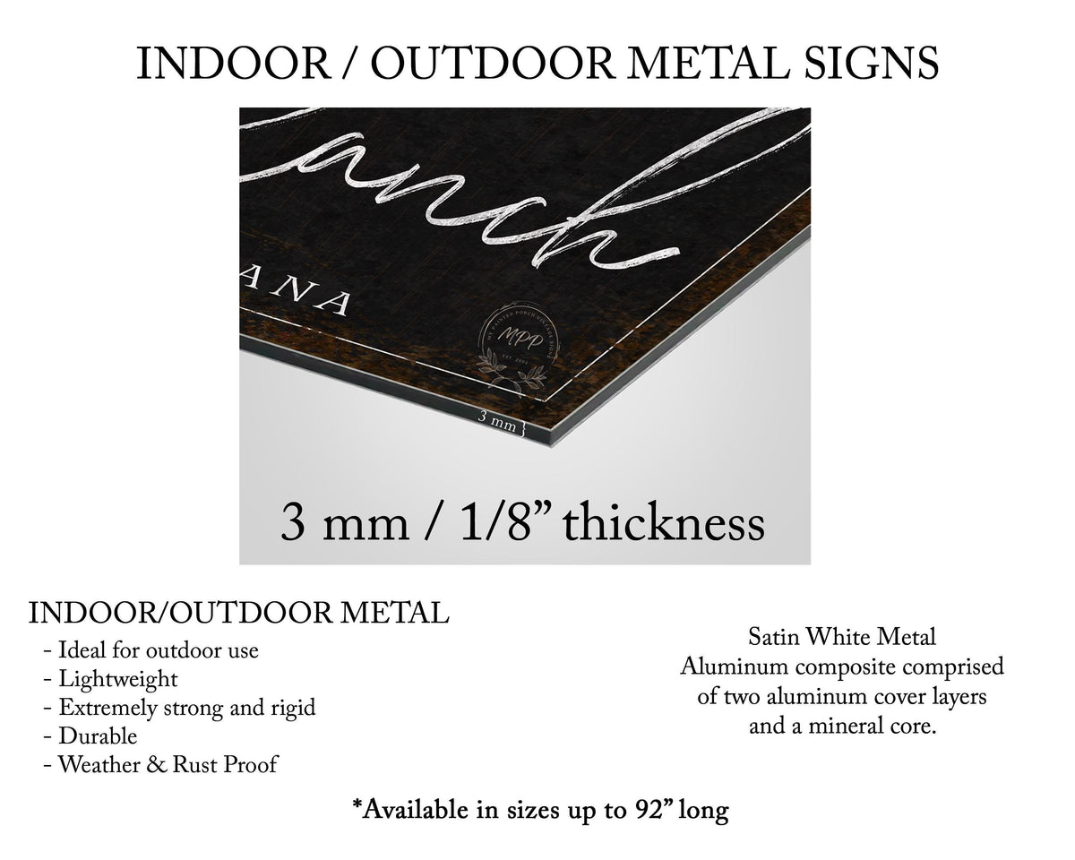 The image is a close-up of a black metal sign with white text, likely used for indoor or outdoor metal signs.
