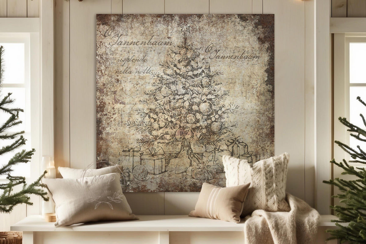 Vintage Christmas Sign O TANNENBAUM Tree Wall Art Print Over The Mantel Large Rustic Holiday Decor