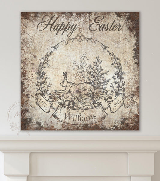 Vintage EASTER Basket Wall Art WREATH Personalized Rustic Square Distressed Canvas Print