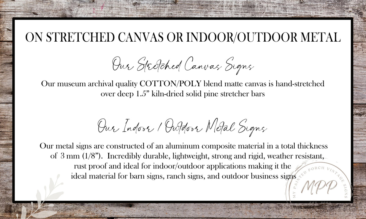 The image is a text-based graphic that provides information about stretched canvas or indoor/outdoor metal signs. It includes descriptions of the materials used and their characteristics, such as the stretched canvas signs being hand-stretched over deep, 1.5" kil-dried solid pine stretcher bars, and the indoor/outdoor metal signs being constructed from an aluminum composite material with a total thickness of 3 mm (1/8") and being durable, lightweight, strong, and weather resistant.
