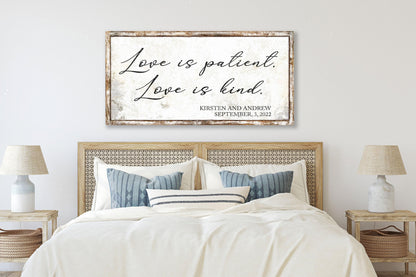 LOVE IS PATIENT Vintage Above The Bed Personalized Wedding Name Sign For Couple