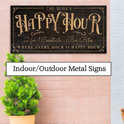 METAL Patio Happy Hour Custom Personalized Bar and Grill Outdoor Vintage Family Name Sign