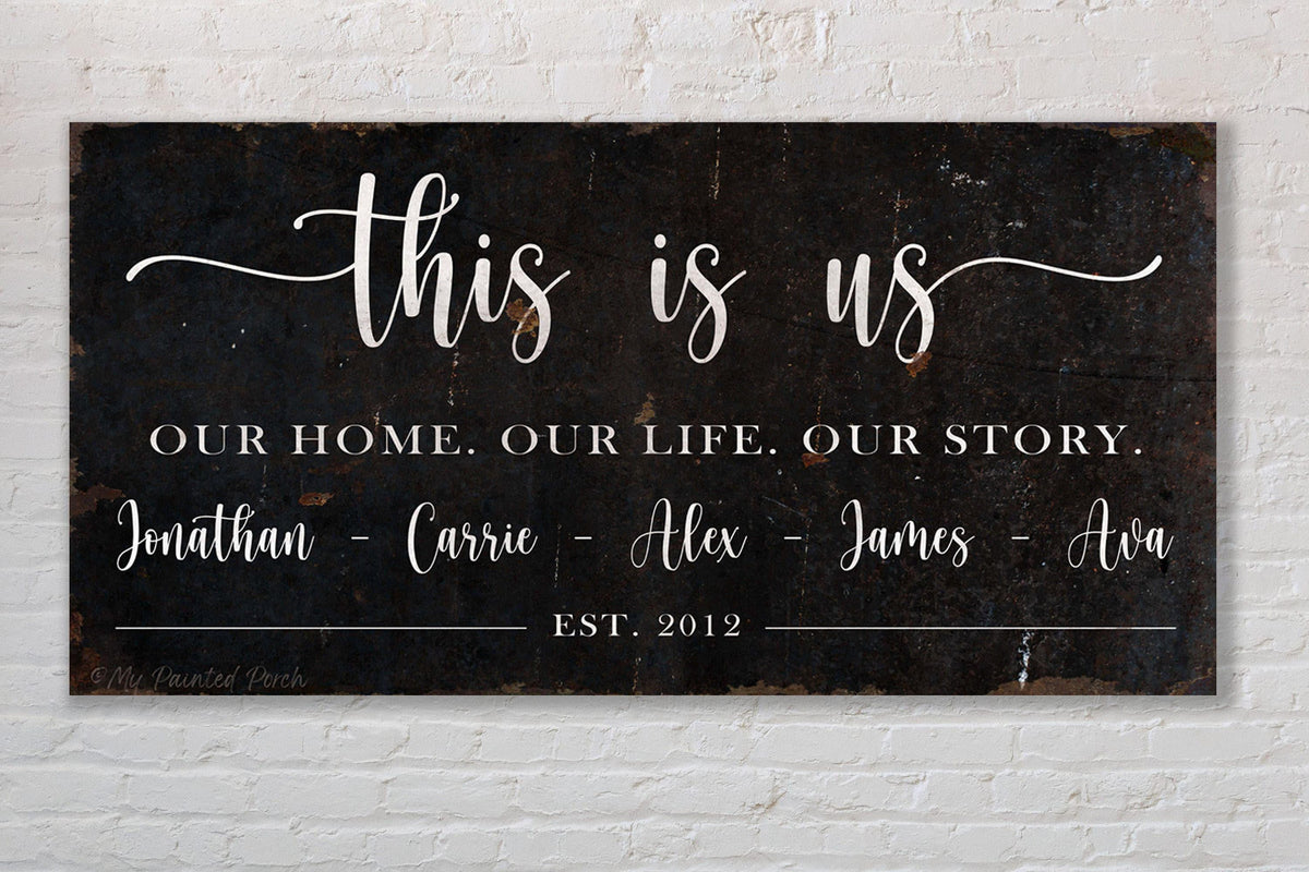 THIS IS Us Name Sign Vintage Personalized Custom Farmhouse Wall Art Print Rustic Large Canvas Decor