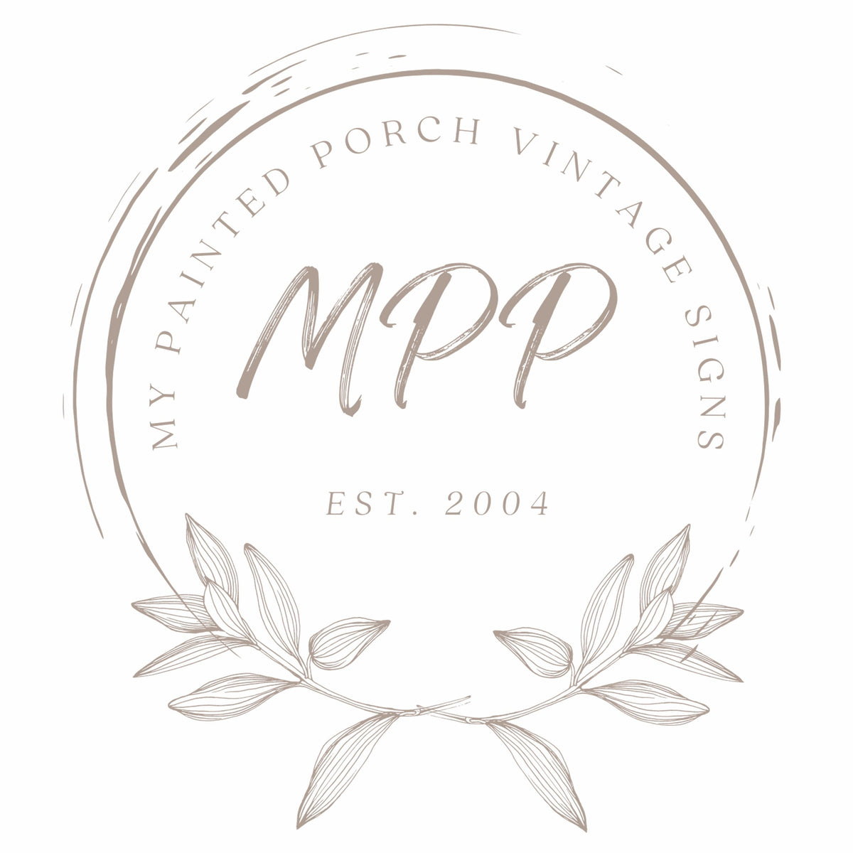 a logo for a company called "My Painted Porch Vintage Signs". The logo is circular and has a wreath design surrounding it. The company's name is prominently displayed in the center of the logo, and the year "2004" is also included. The logo does not contain any text that could be considered redundancy or vague wording.