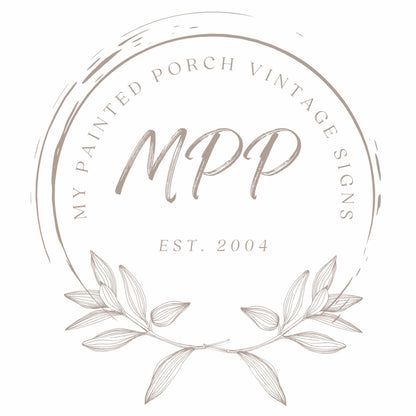 a logo for a company called "My Painted Porch Vintage Signs". The logo is circular and has a wreath design surrounding it. The company's name is prominently displayed in the center of the logo, and the year "2004" is also included. The logo does not contain any text that could be considered redundancy or vague wording.