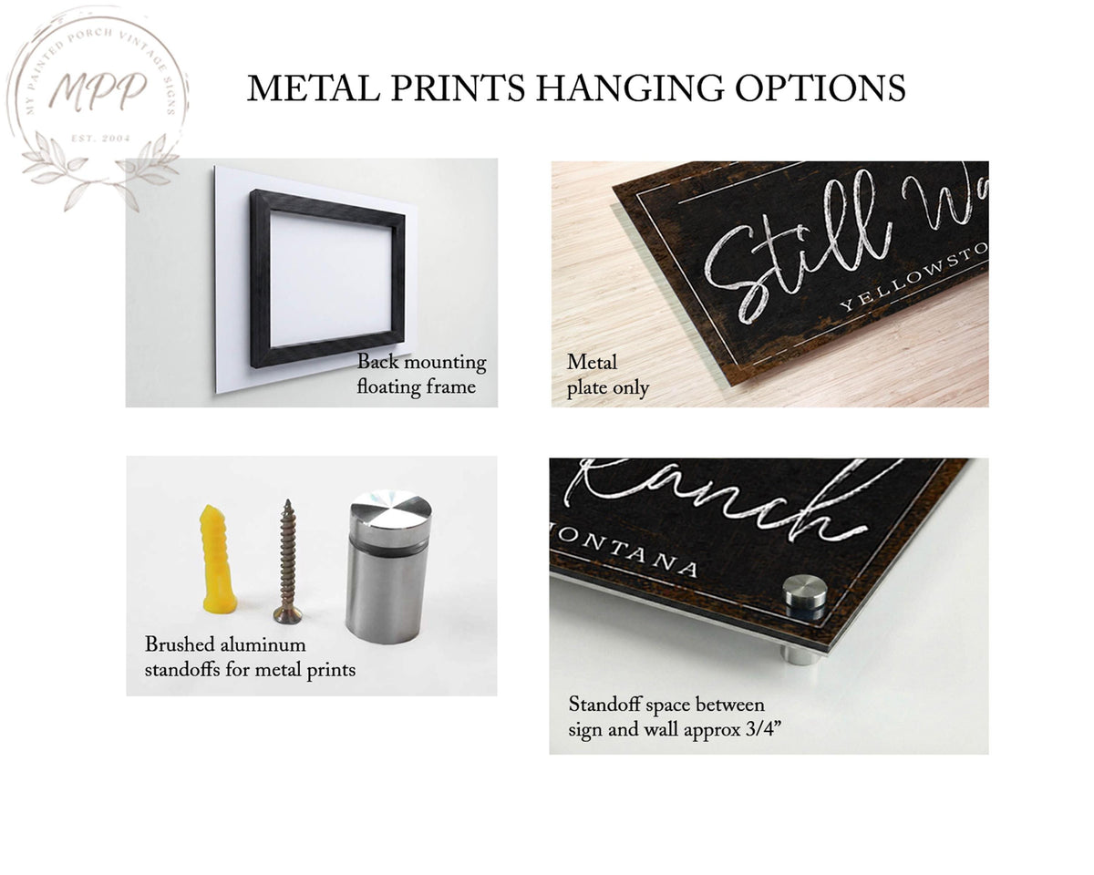 The image is a collage of four different metal hanging options, including a back-mounted floating frame, a metal plate, a brushed aluminum standoffs for metal prints, and a metal sign with a standoff between the sign and wall.