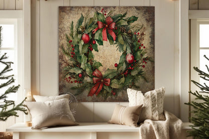 VINTAGE CHRISTMAS Sign Wreath Wall Art Modern Farmhouse Decor Large Canvas Rustic Print