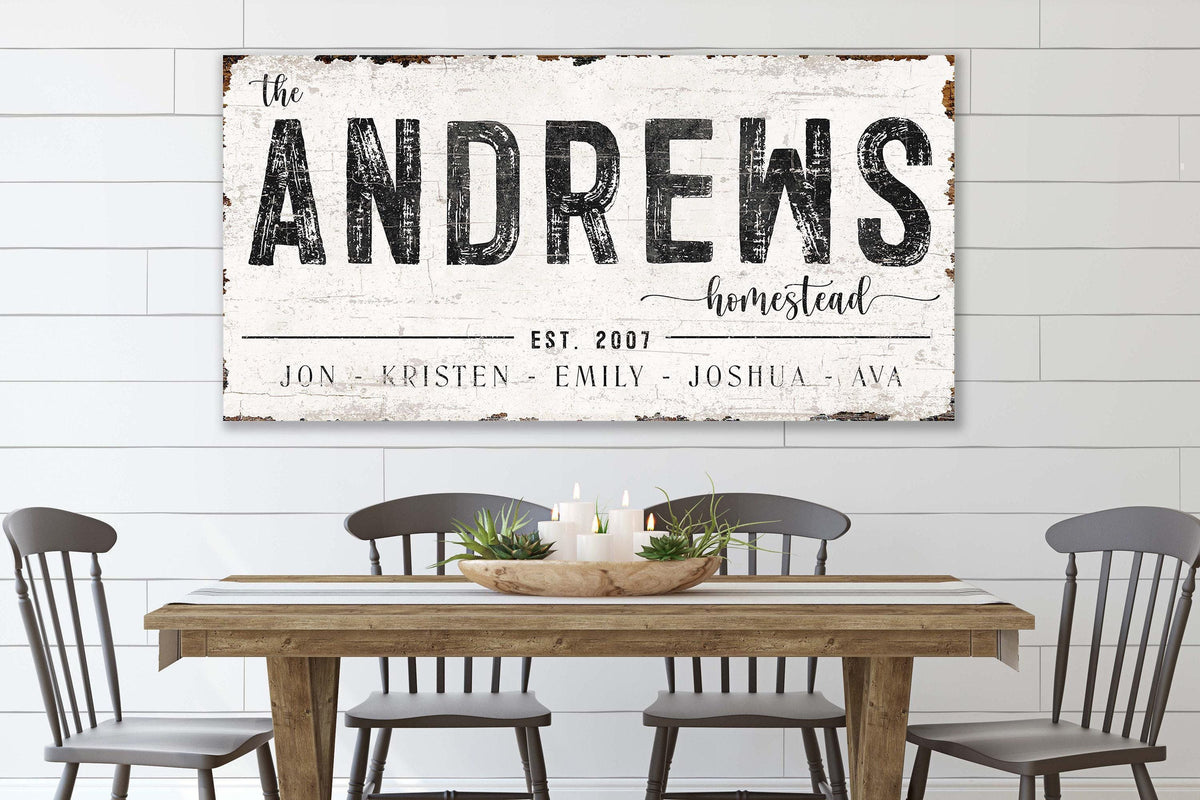 modern farmhouse, housewarming gift, 
modern minimalist, industrial wall art, 
cottagecore decor, Custom Homestead, 
Wall Decor, Home Decor, Last Name Sign,
Established Sign, Vintage Sign, Farmhouse Decor, family name sign, large canvas sign