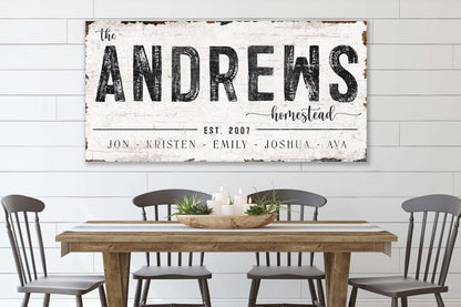 modern farmhouse, housewarming gift, 
modern minimalist, industrial wall art, 
cottagecore decor, Custom Homestead, 
Wall Decor, Home Decor, Last Name Sign,
Established Sign, Vintage Sign, Farmhouse Decor, family name sign, large canvas sign